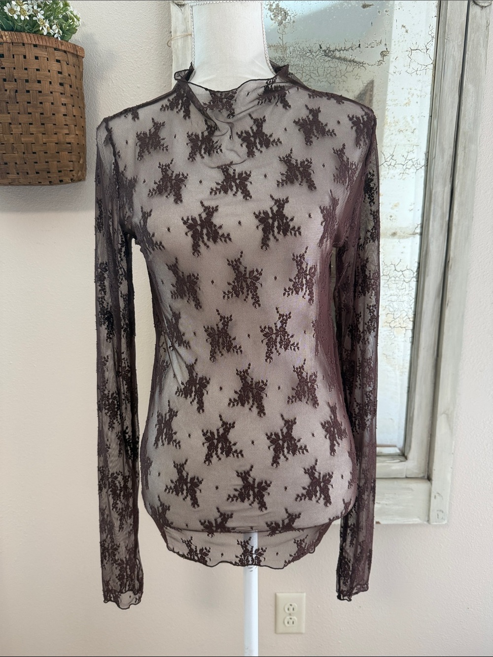 Free People Sheer Lace Long-Sleeve Top in Dark Brown